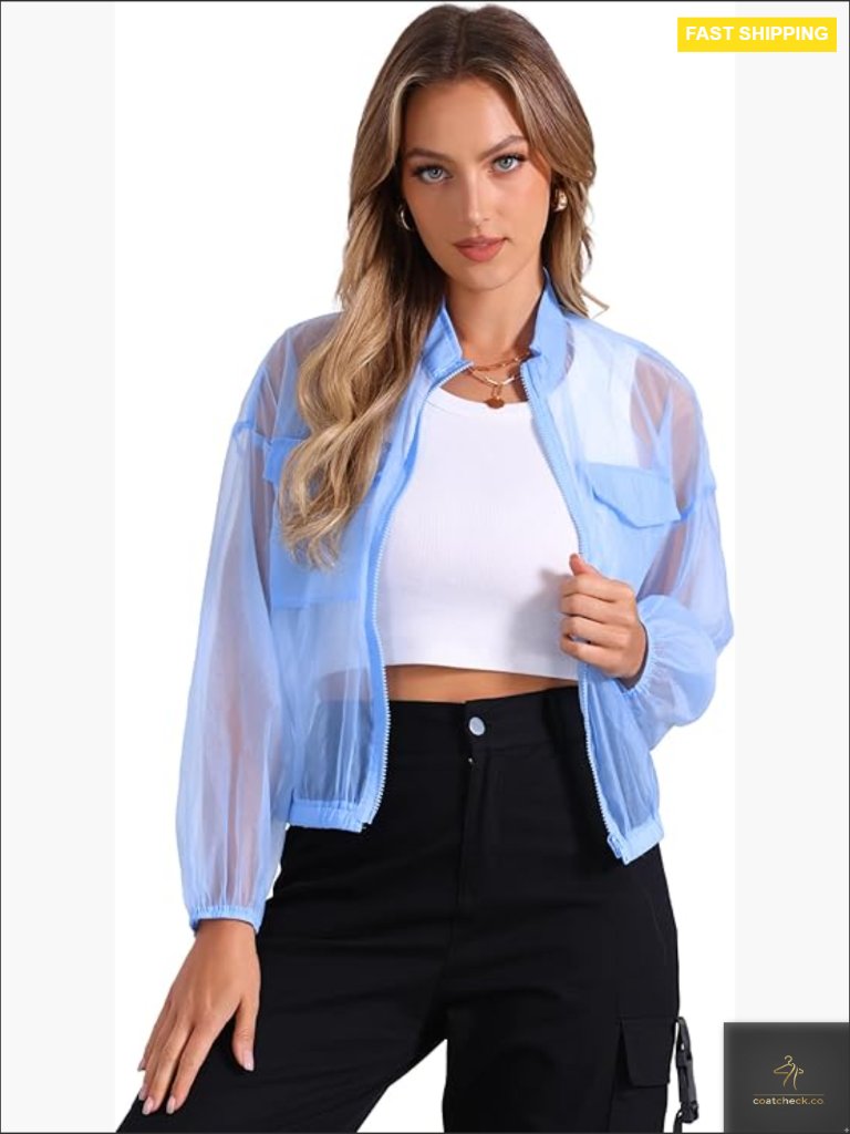 Sheer Bomber Jacket Zip Up Mock Neck Long Sleeve See Through Mesh Lightweight